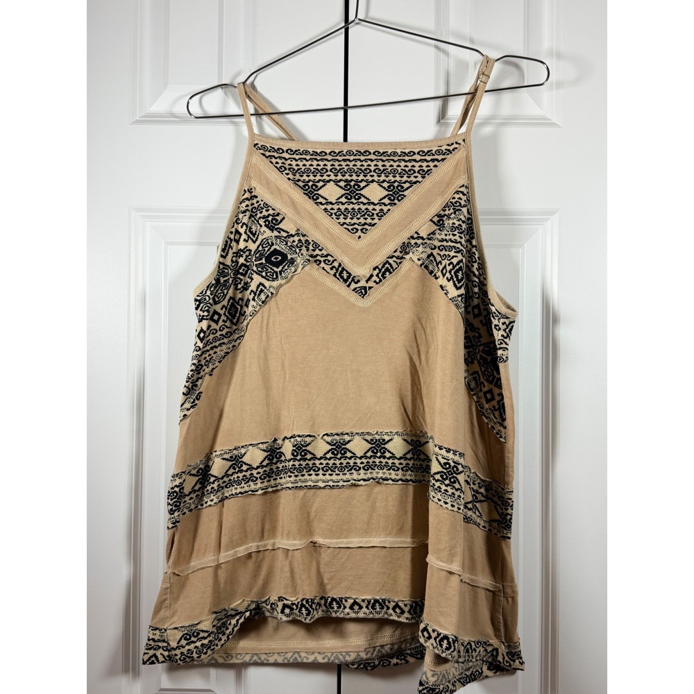 POL Boho Tribal Print Cami Tank Top Tan Black Geometric Medium